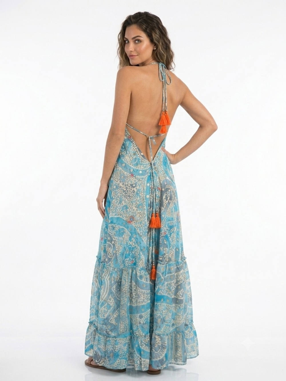 Boho Halter Backless Maxi Dress in Turquoise with Orange Tassels